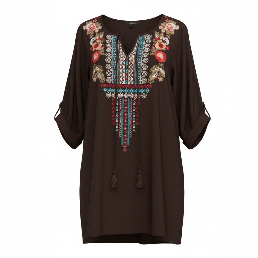 Andree Boho Embroidered Tunic Top Brown 1X Floral Tassel Hippie Autumn Folk Boho